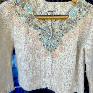 Free people mohair white cardigan sweater embroidered